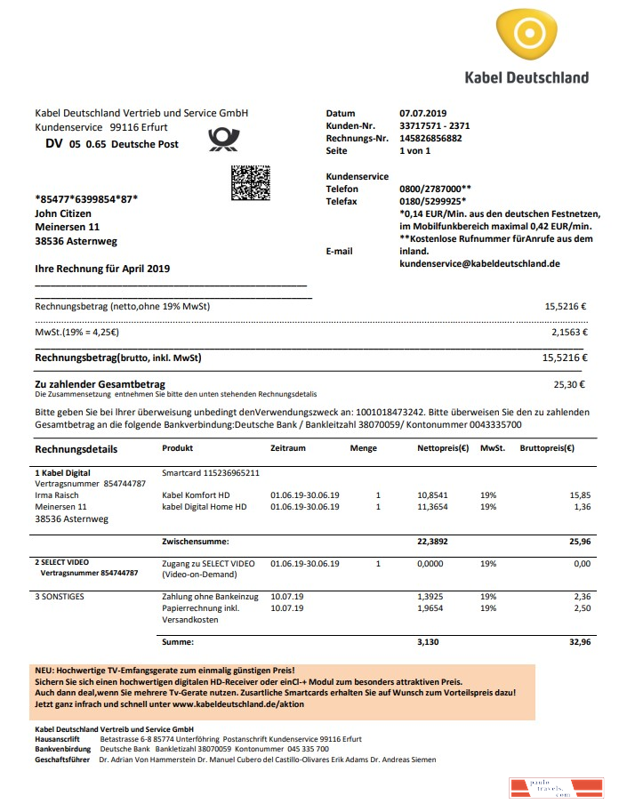 Germany TV Cabel utility bill